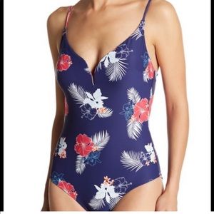 Onia one piece swimsuit bathing suit Hawaiian floral print blue and red